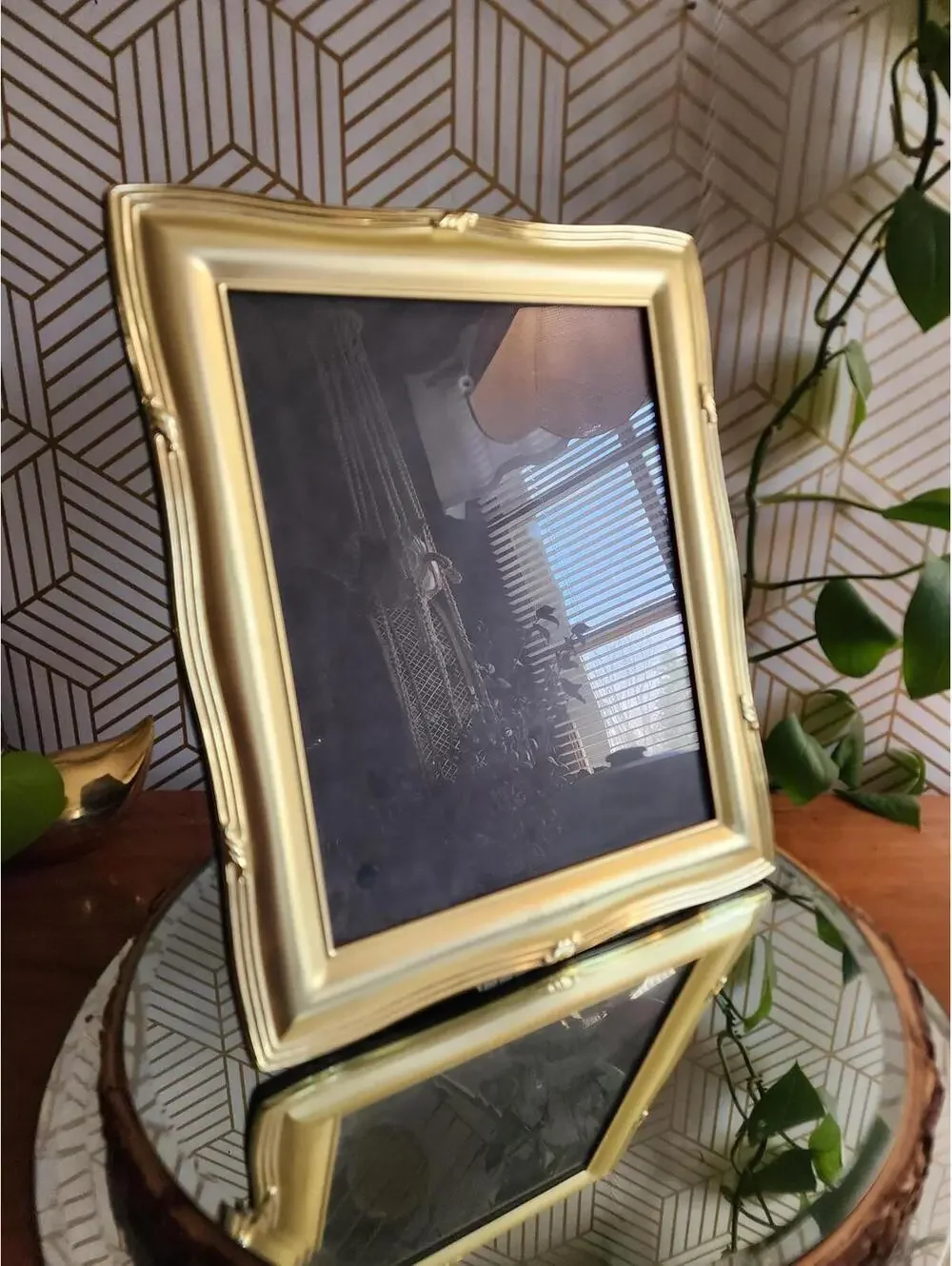 Vintage Matte Gold Brass 1980s Freestanding Photo Frame 8x10